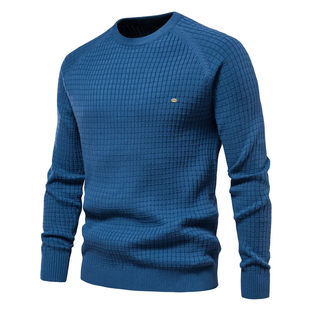 Men Plaid Cotton O-Neck Sweater
