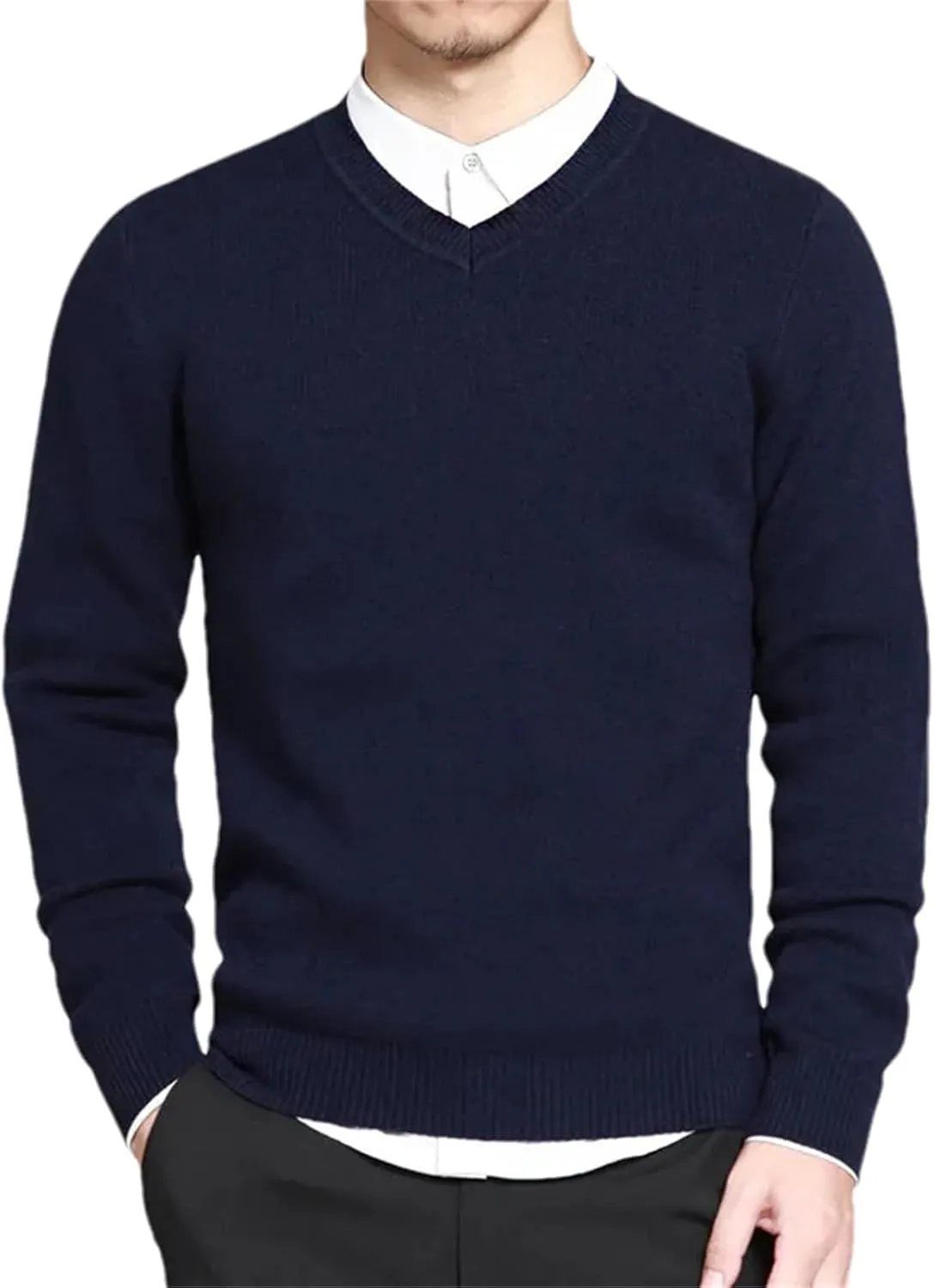 Men's Cotton Knitted Sweater Long Sleeve V-Neck Thin Slim Fit Business Casual Pullover Sweater