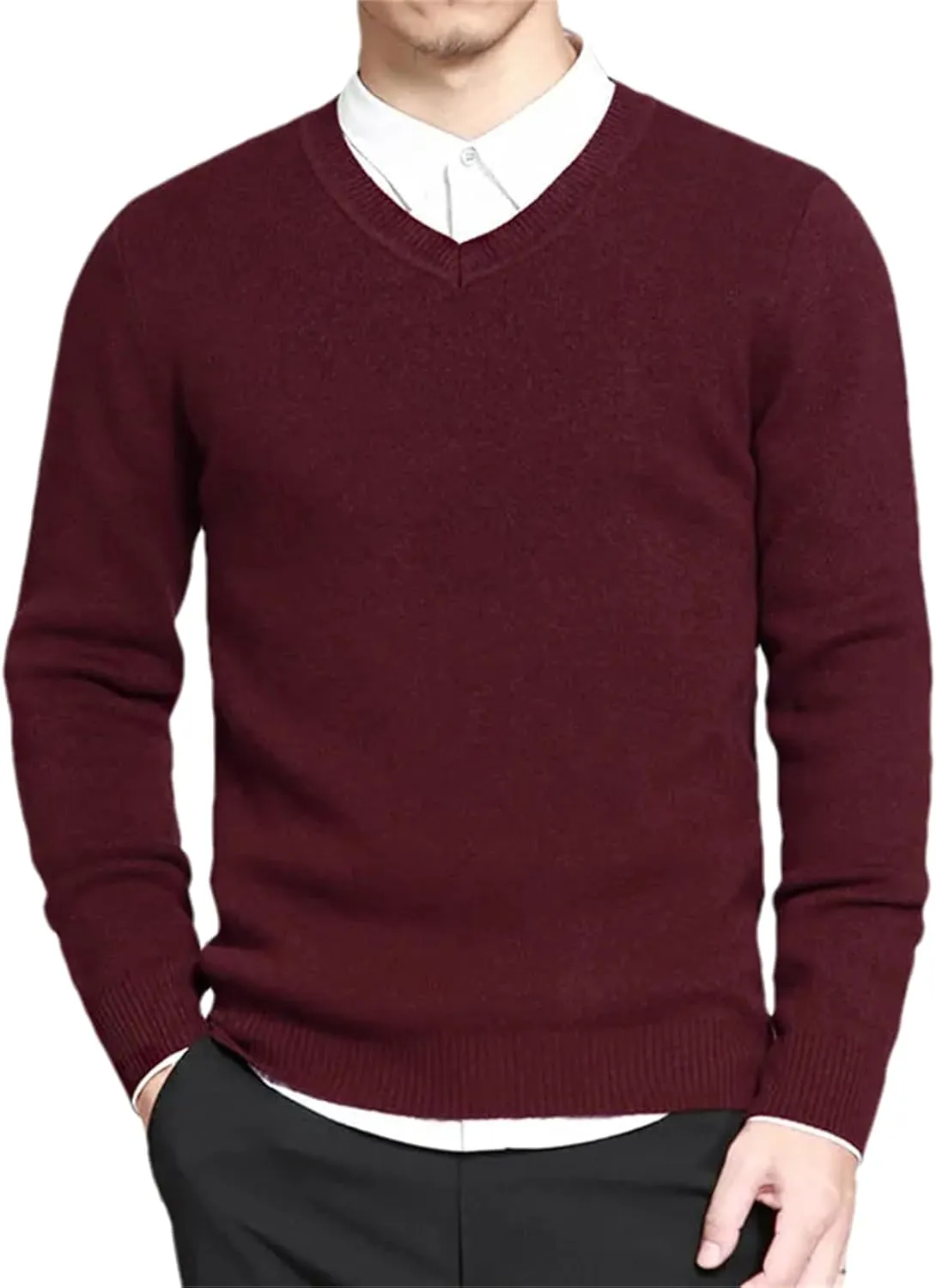 Men's Cotton Knitted Sweater Long Sleeve V-Neck Thin Slim Fit Business Casual Pullover Sweater