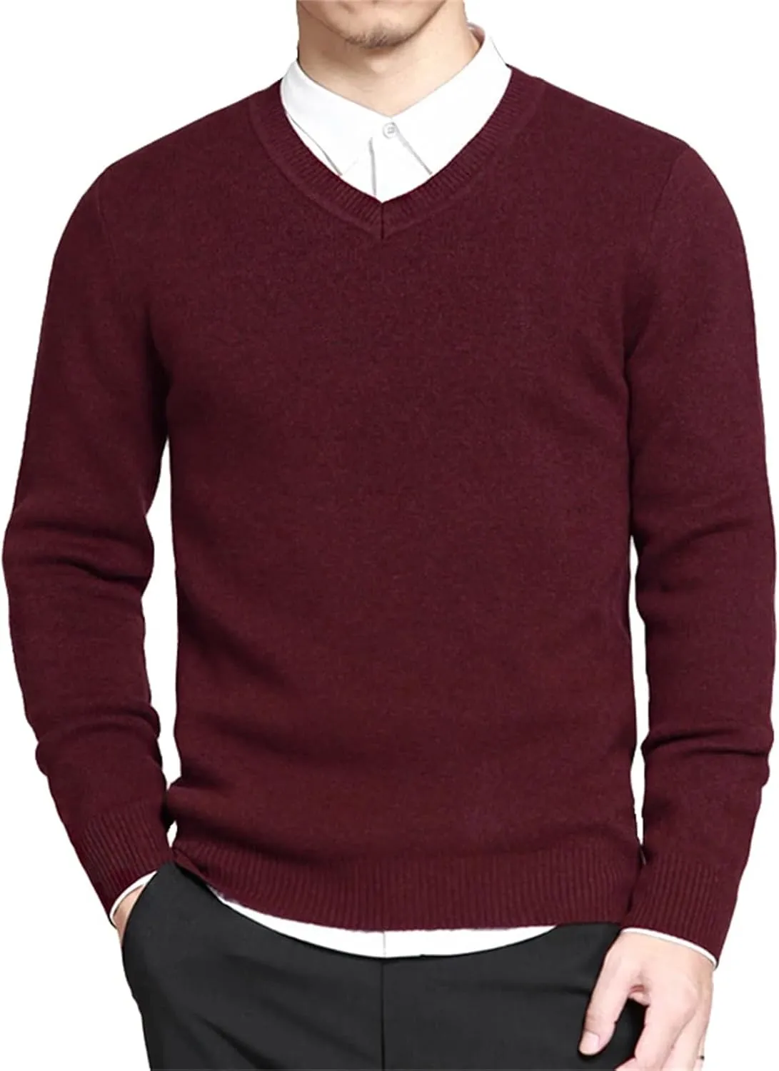 Men's Cotton Knitted Sweater Long Sleeve V-Neck Thin Slim Fit Business Casual Pullover Sweater