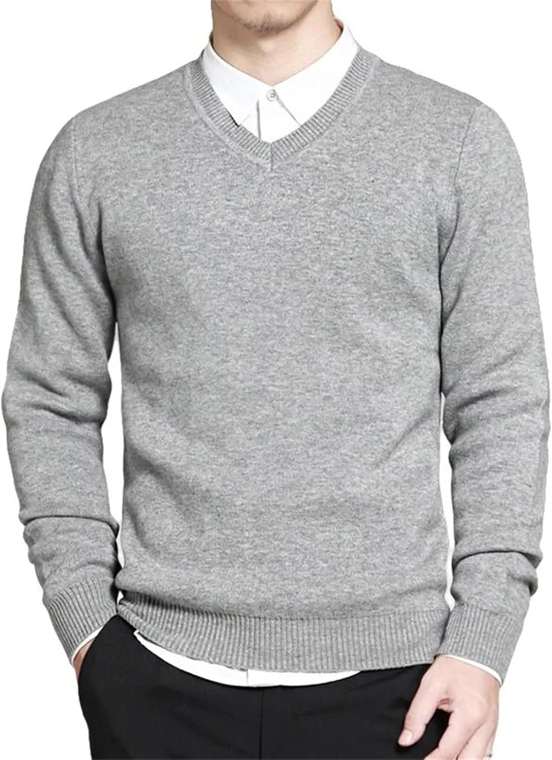 Men's Cotton Knitted Sweater Long Sleeve V-Neck Thin Slim Fit Business Casual Pullover Sweater
