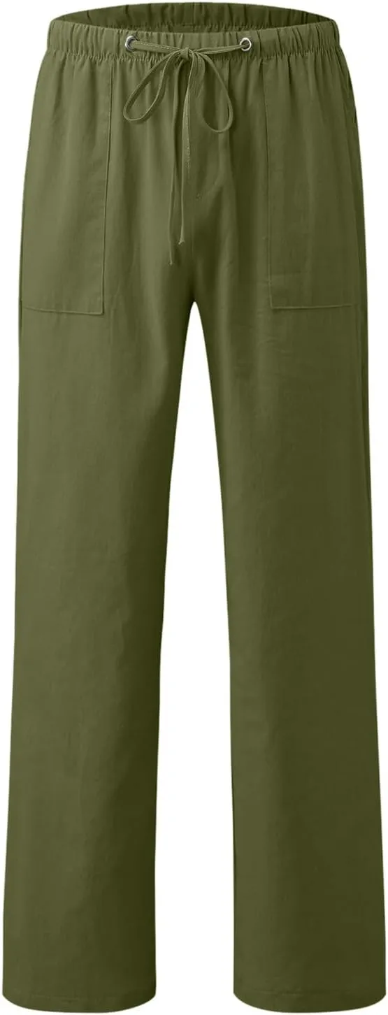 Men's Drawstring Stretch Trendy Cotton Linen Long Pants, Casual Summer Breathable Solid Color Sweatpants