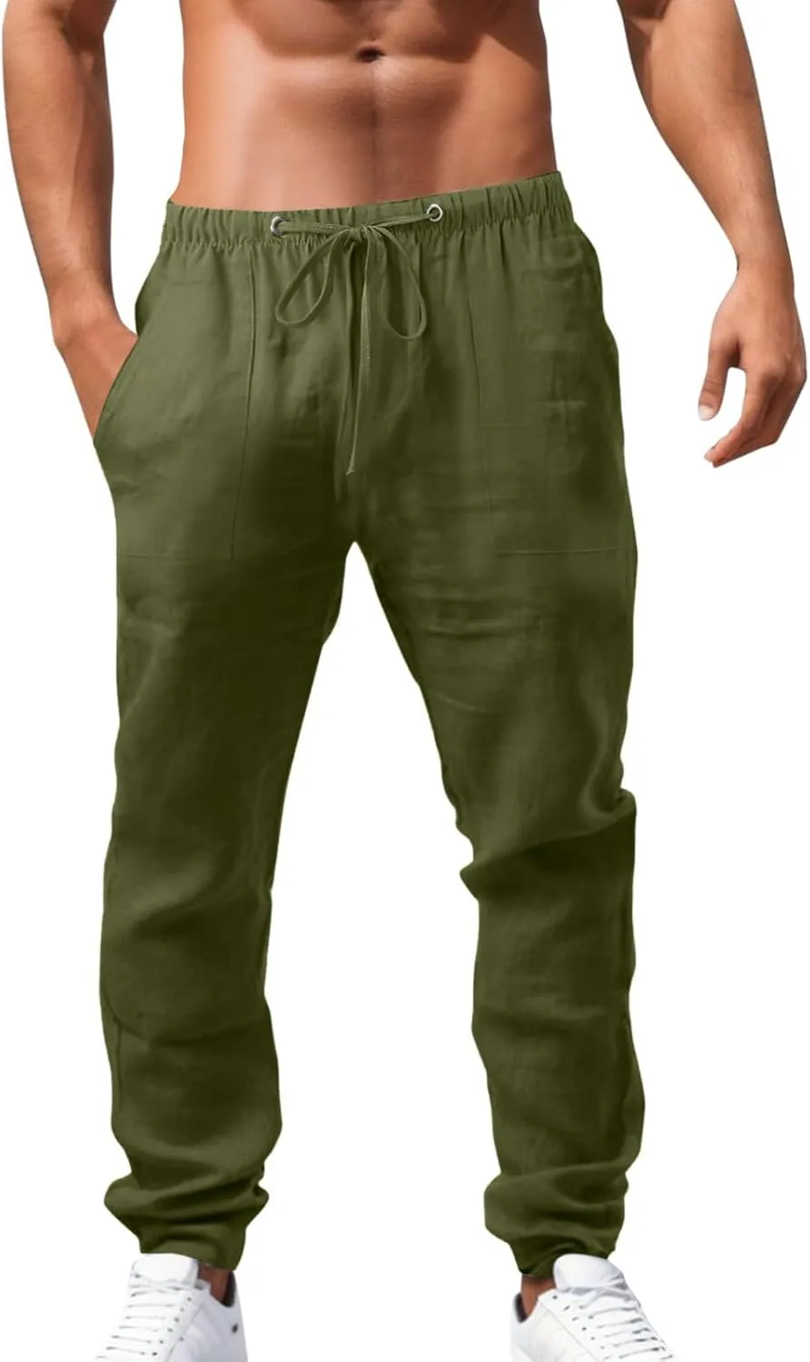 Men's Drawstring Stretch Trendy Cotton Linen Long Pants, Casual Summer Breathable Solid Color Sweatpants