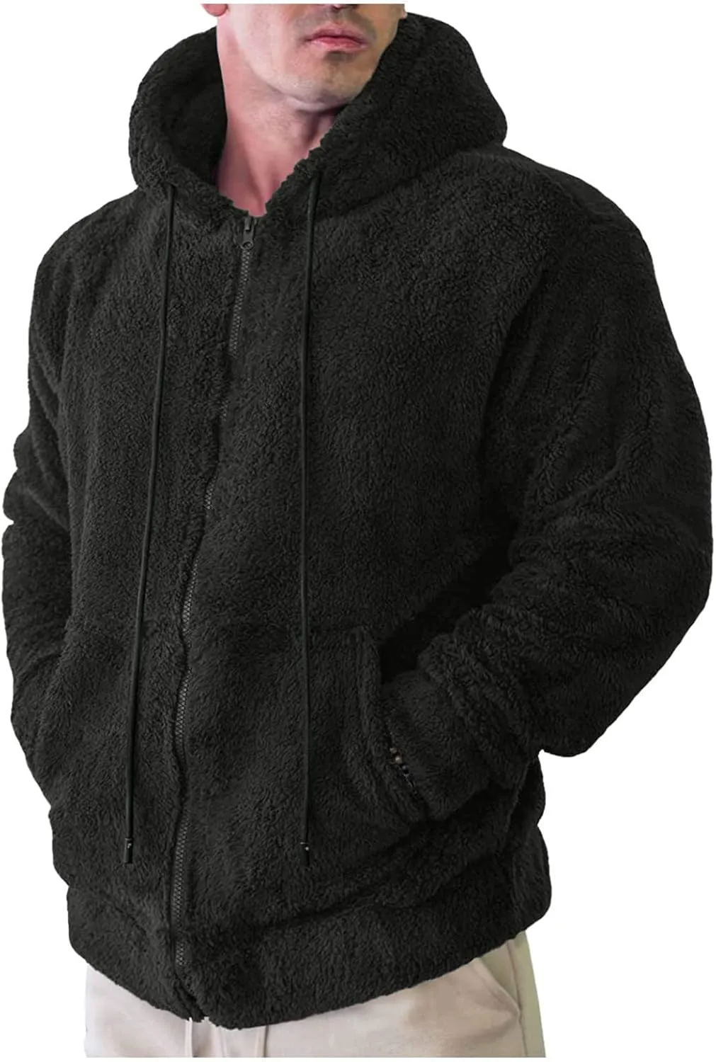 Mens Fuzzy Sherpa Jacket Hoodie Fluffy Fleece Open Front Cardigan Full Zip Up Soft Coat Fall Outwear with Pockets
