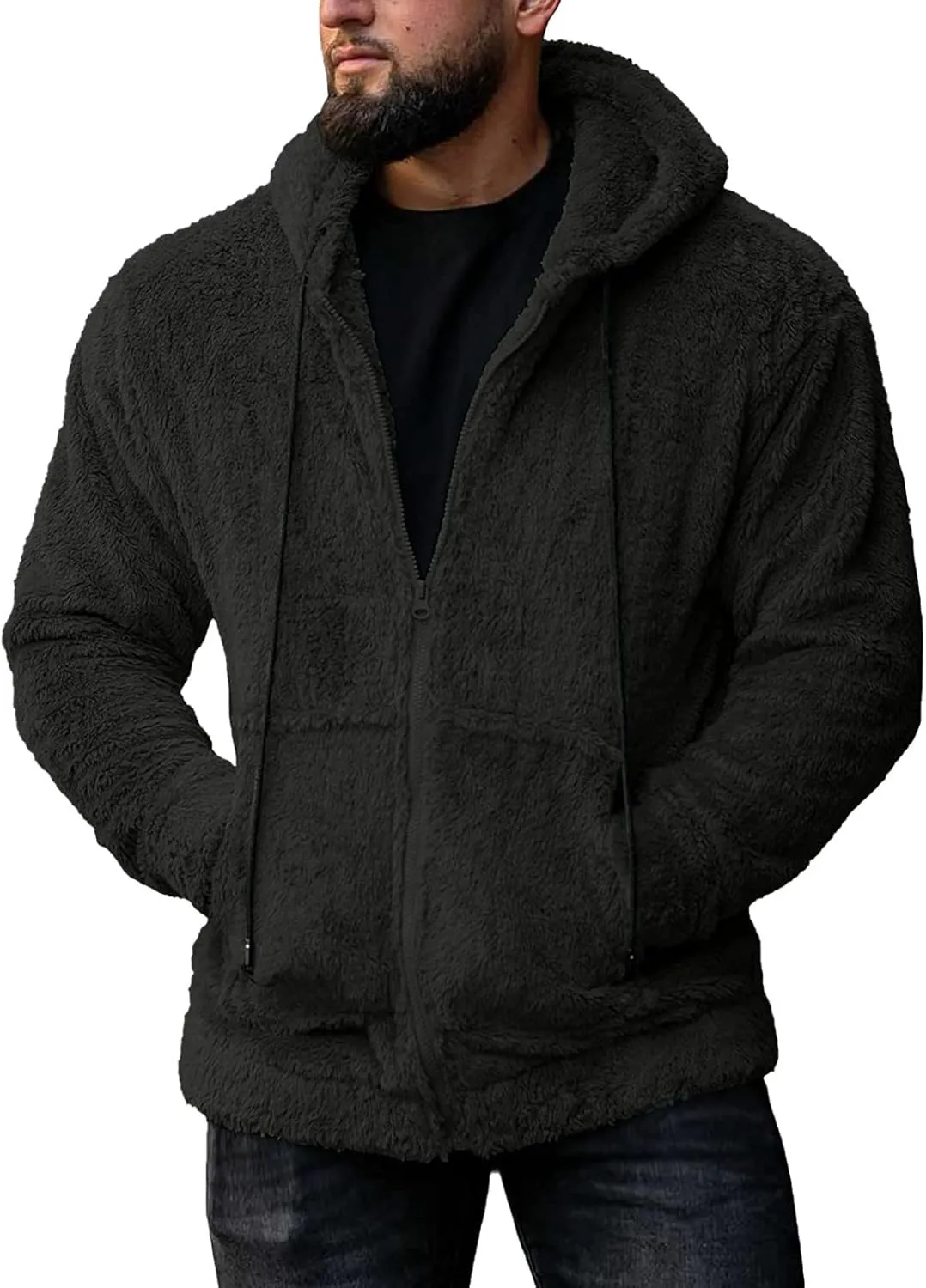 Mens Fuzzy Sherpa Jacket Hoodie Fluffy Fleece Open Front Cardigan Full Zip Up Soft Coat Fall Outwear with Pockets