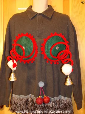 Mens Naughty Tacky Ugly Christmas Sweater with Funny Springy 3D Accents and Fringe and Dangling Balls Glitter Ornaments (r31)