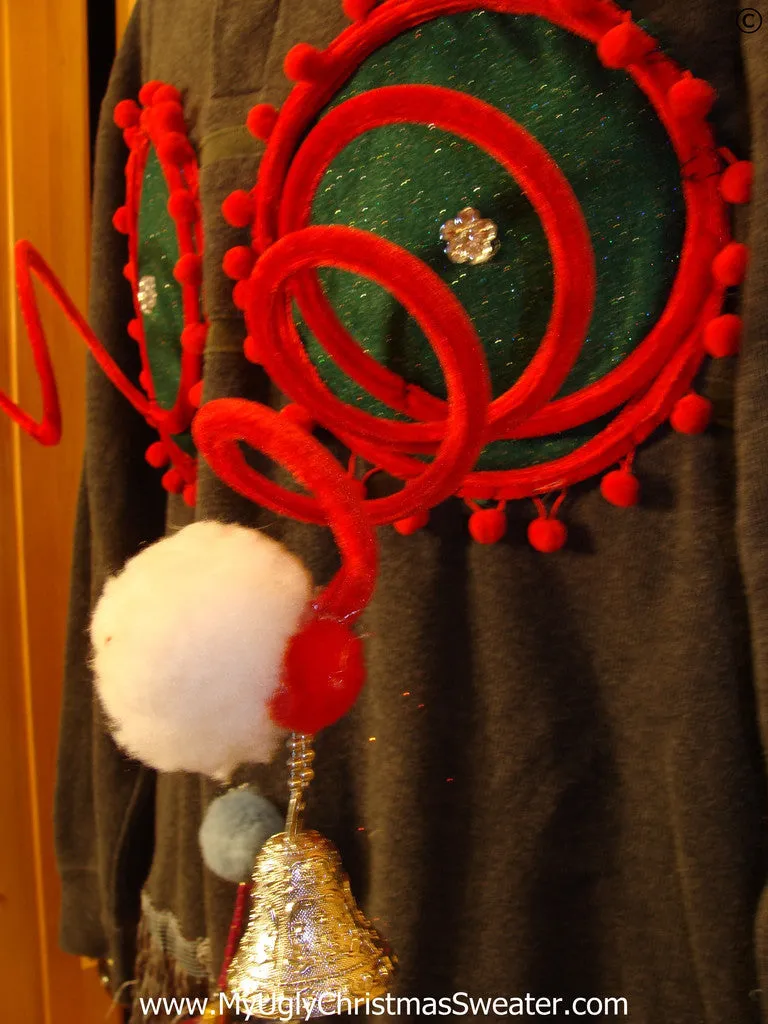 Mens Naughty Tacky Ugly Christmas Sweater with Funny Springy 3D Accents and Fringe and Dangling Balls Glitter Ornaments (r31)