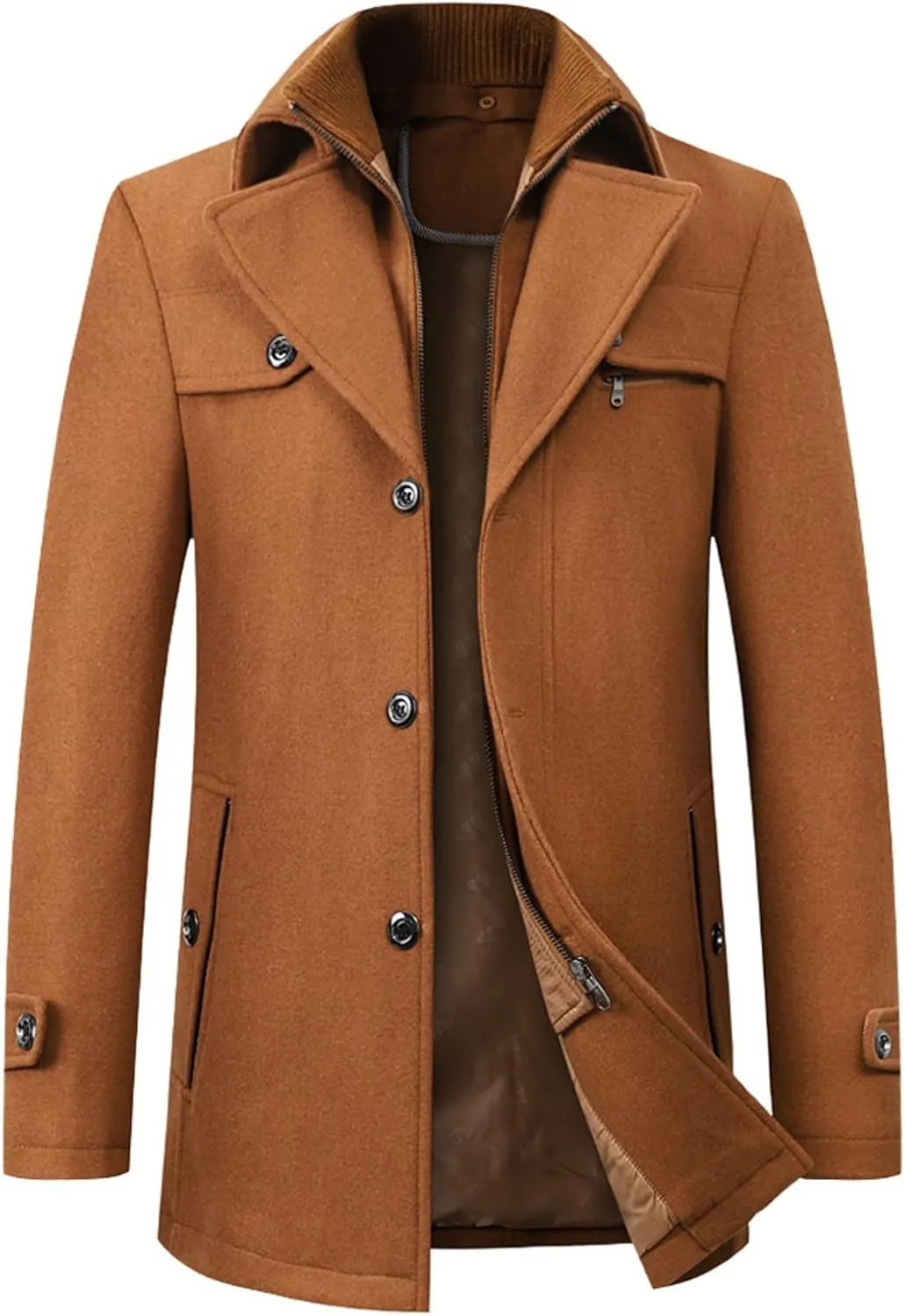 Men's Wool Blend Pea Coat Gentle Layered Collar Single Breasted Quilted Lined Jacket Winter Warm Business Coat