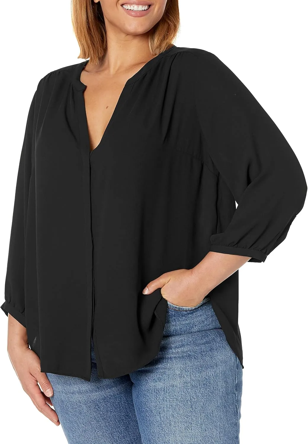 NYDJ Women’s Three-Quarter Sleeve Pintuck Blouse | Classic Lightweight Top