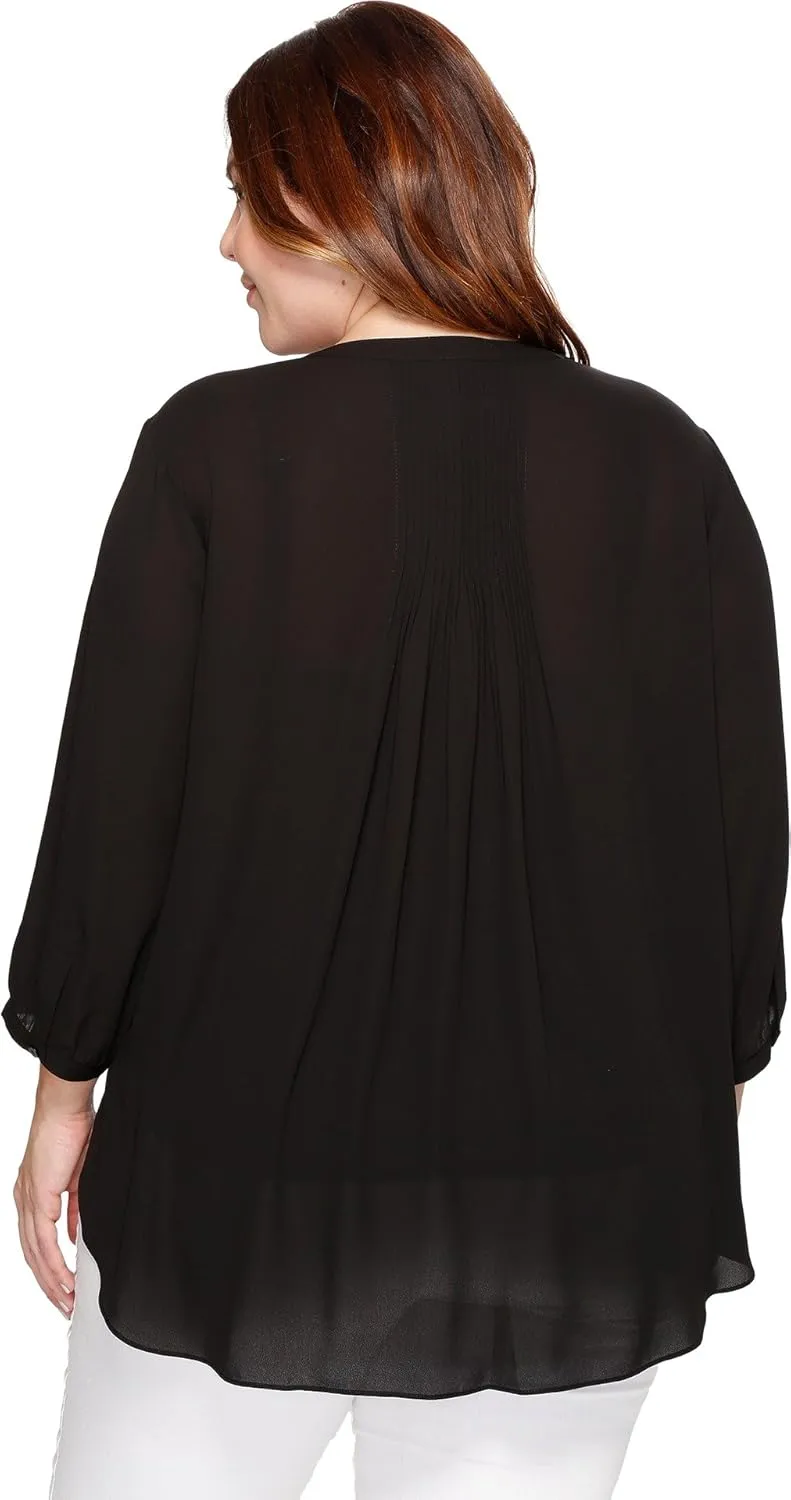 NYDJ Women’s Three-Quarter Sleeve Pintuck Blouse | Classic Lightweight Top