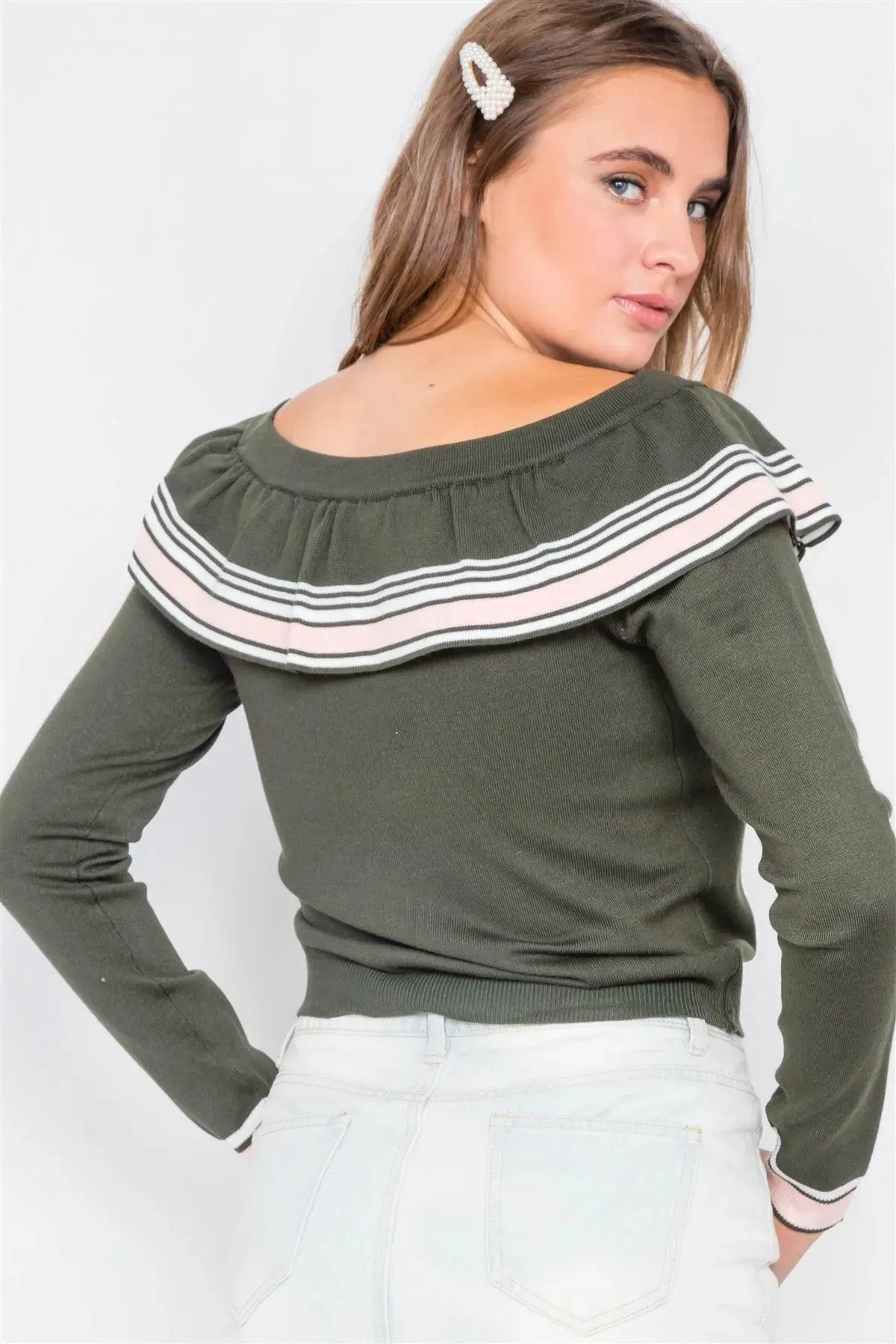 Olive Pink Colorblock Long Sleeve Knit Sweater /2-2