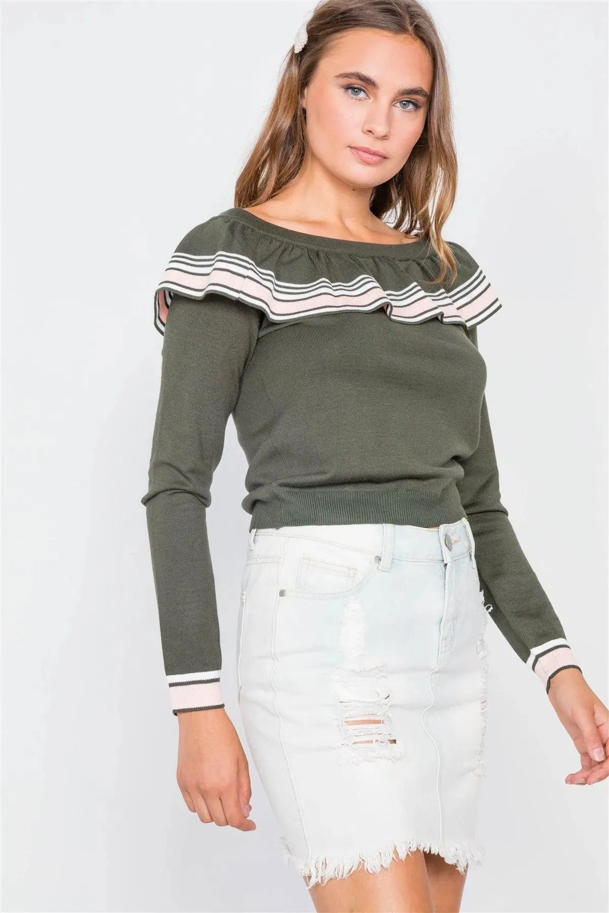 Olive Pink Colorblock Long Sleeve Knit Sweater /2-2