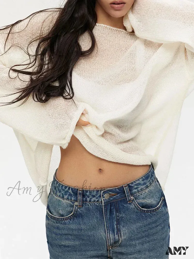 Oversize Thin Knitted Trumpet Long Sleeve Loose Transparent Summer Sweater