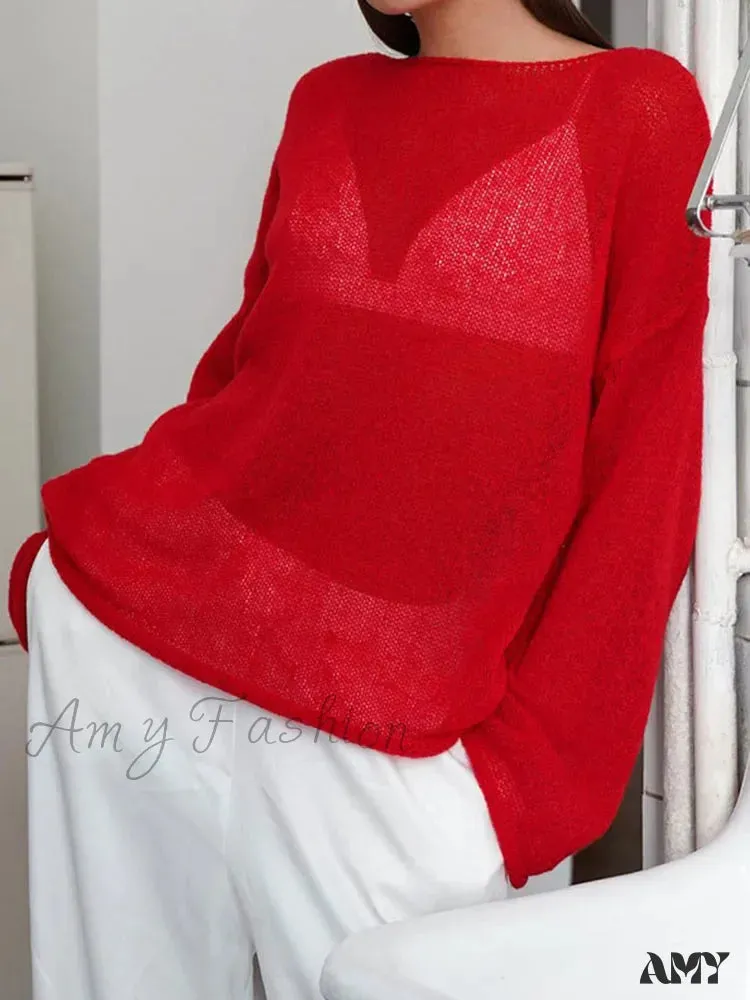 Oversize Thin Knitted Trumpet Long Sleeve Loose Transparent Summer Sweater