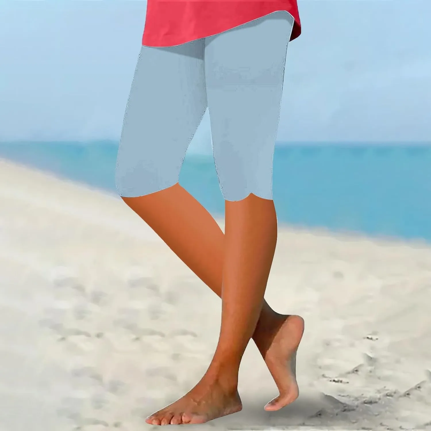 Plus Size Leggings Printed Stretch High Waist Elastic Cropped Pants Resort Beach Leggings Leggings with Pockets