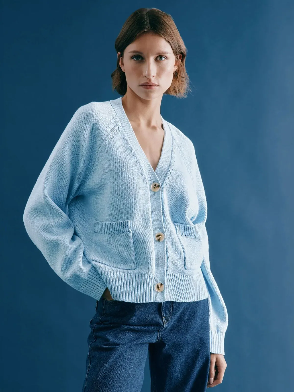 Relaxed V Neck Cardigan - Light Blue