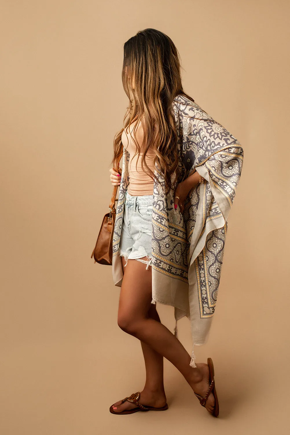 San Pedro Printed Tassel Kimono (Taupe   Blue) | FINAL SALE