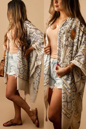 San Pedro Printed Tassel Kimono (Taupe   Blue) | FINAL SALE