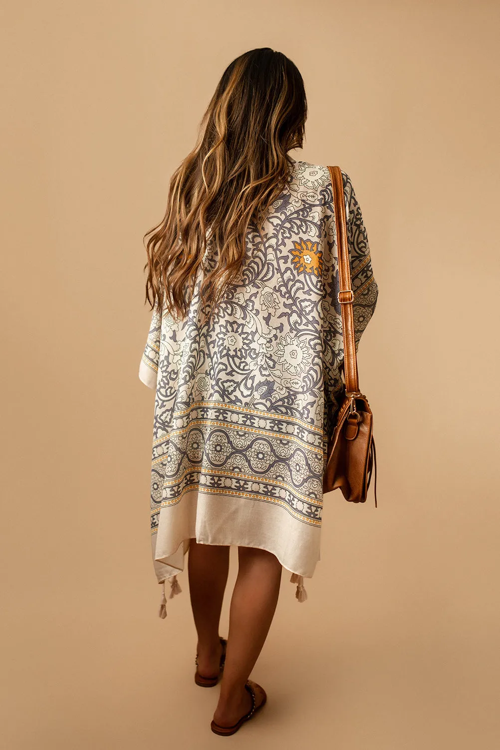 San Pedro Printed Tassel Kimono (Taupe   Blue) | FINAL SALE