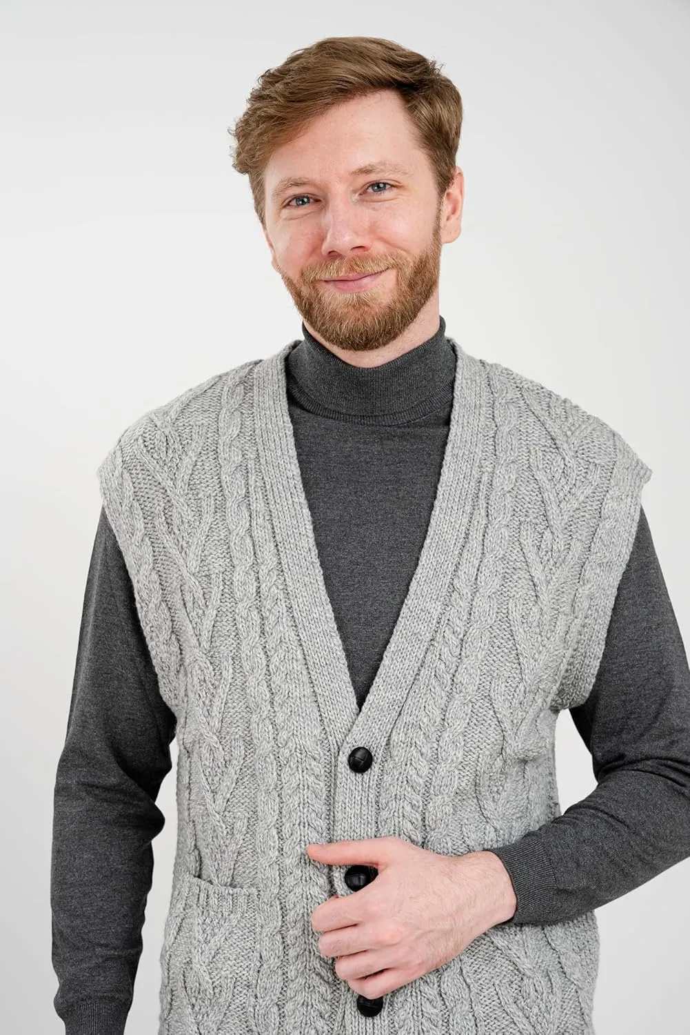 SAOL 100% Merino Wool Mens V Neck Vest Sleeveless Irish Cable Knit Cardigan Sweater with Buttons and Pockets