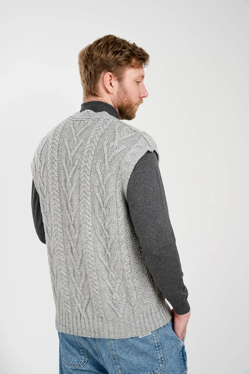 SAOL 100% Merino Wool Mens V Neck Vest Sleeveless Irish Cable Knit Cardigan Sweater with Buttons and Pockets