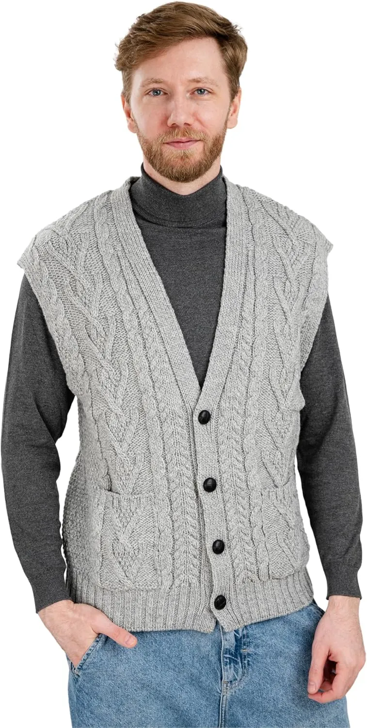 SAOL 100% Merino Wool Mens V Neck Vest Sleeveless Irish Cable Knit Cardigan Sweater with Buttons and Pockets