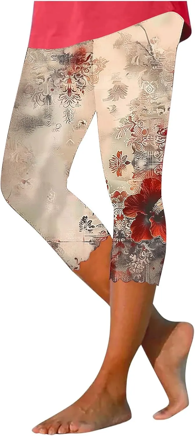 SHOPESSA Capri Leggings for Women Dressy High Waist Yoga Pants Printed Summer Capris Workout Stretchy Crop Leggings