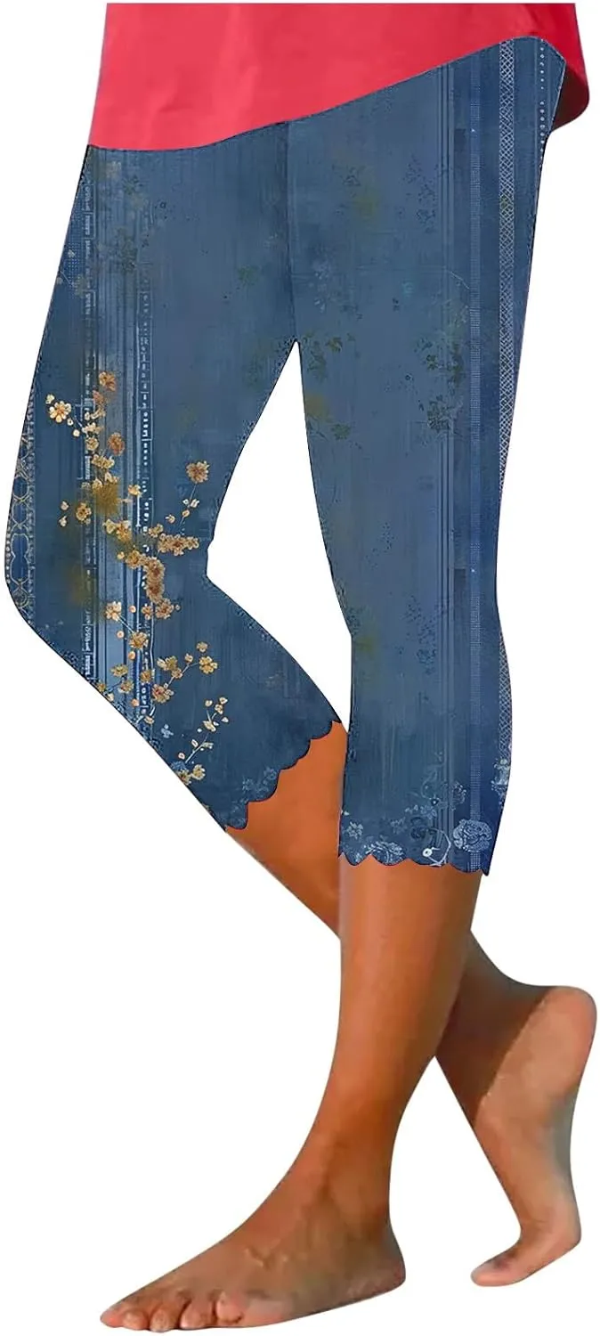 SHOPESSA Capri Leggings for Women Dressy High Waist Yoga Pants Printed Summer Capris Workout Stretchy Crop Leggings