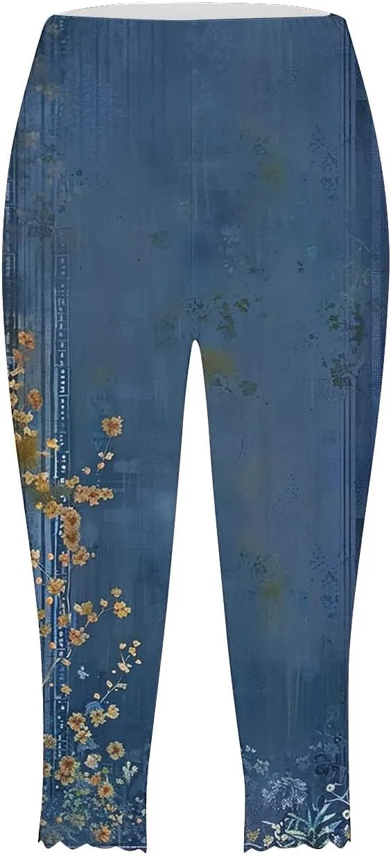SHOPESSA Capri Leggings for Women Dressy High Waist Yoga Pants Printed Summer Capris Workout Stretchy Crop Leggings