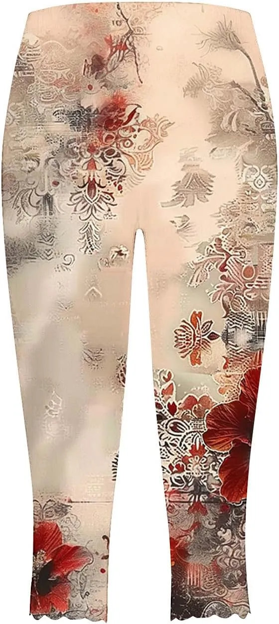SHOPESSA Capri Leggings for Women Dressy High Waist Yoga Pants Printed Summer Capris Workout Stretchy Crop Leggings