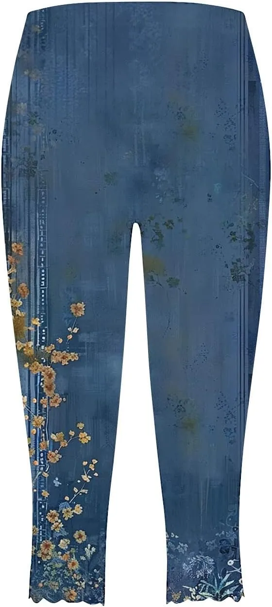SHOPESSA Capri Leggings for Women Dressy High Waist Yoga Pants Printed Summer Capris Workout Stretchy Crop Leggings