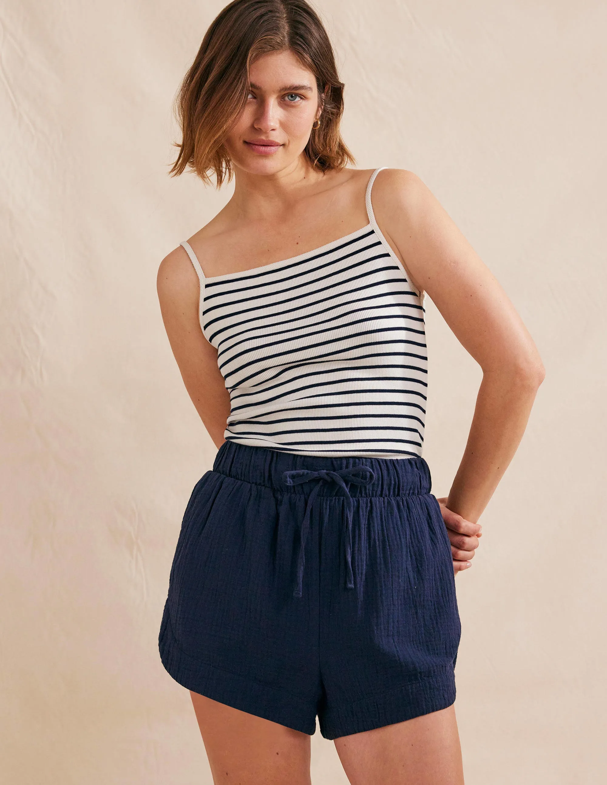 Square Neck Ribbed Tank Top-Ivory/Navy Stripe