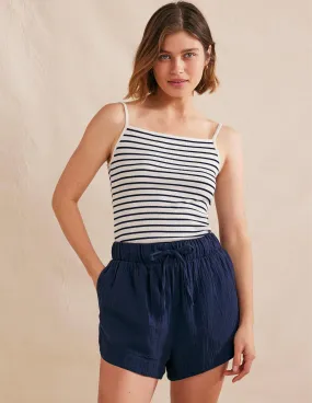 Square Neck Ribbed Tank Top-Ivory/Navy Stripe