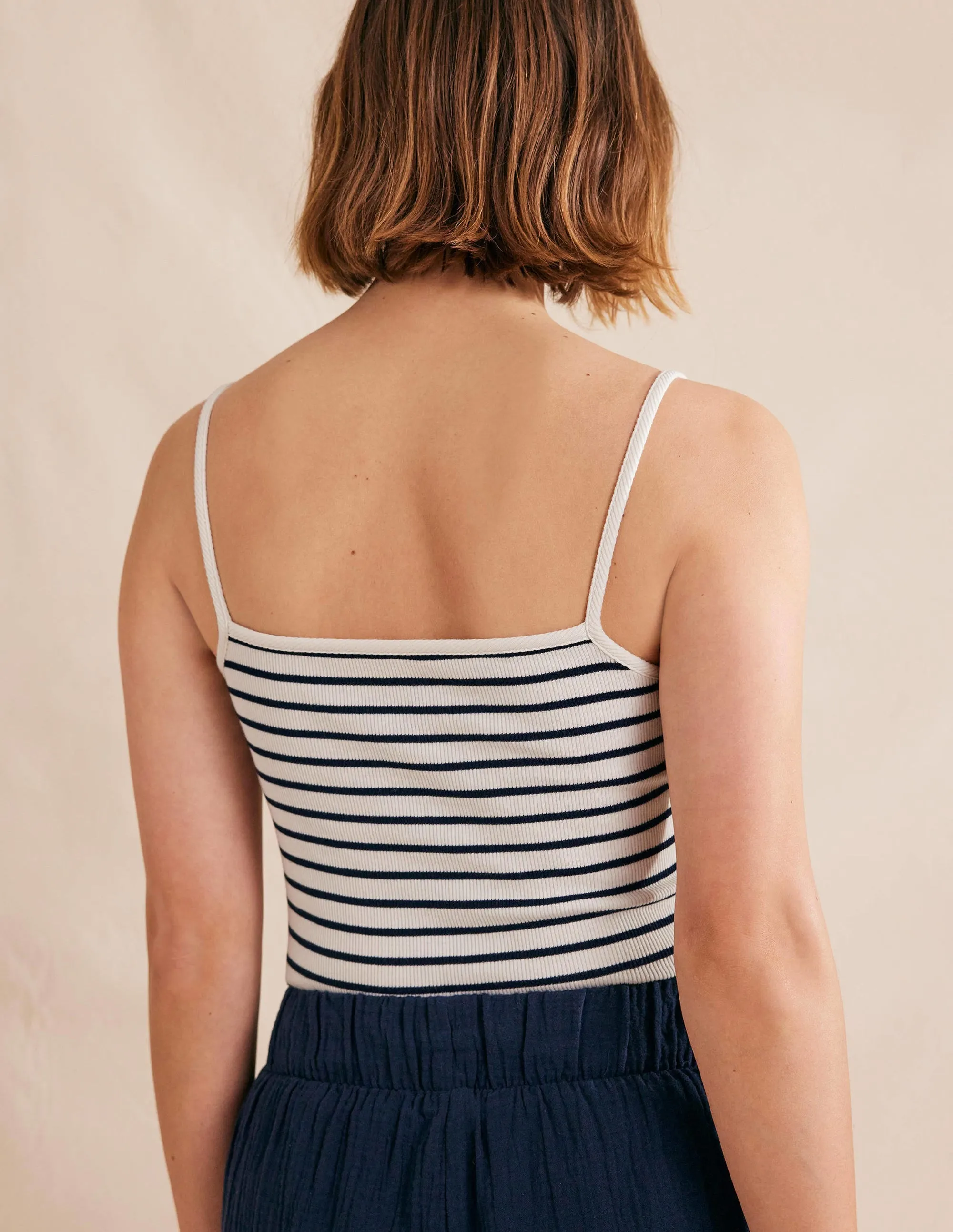 Square Neck Ribbed Tank Top-Ivory/Navy Stripe