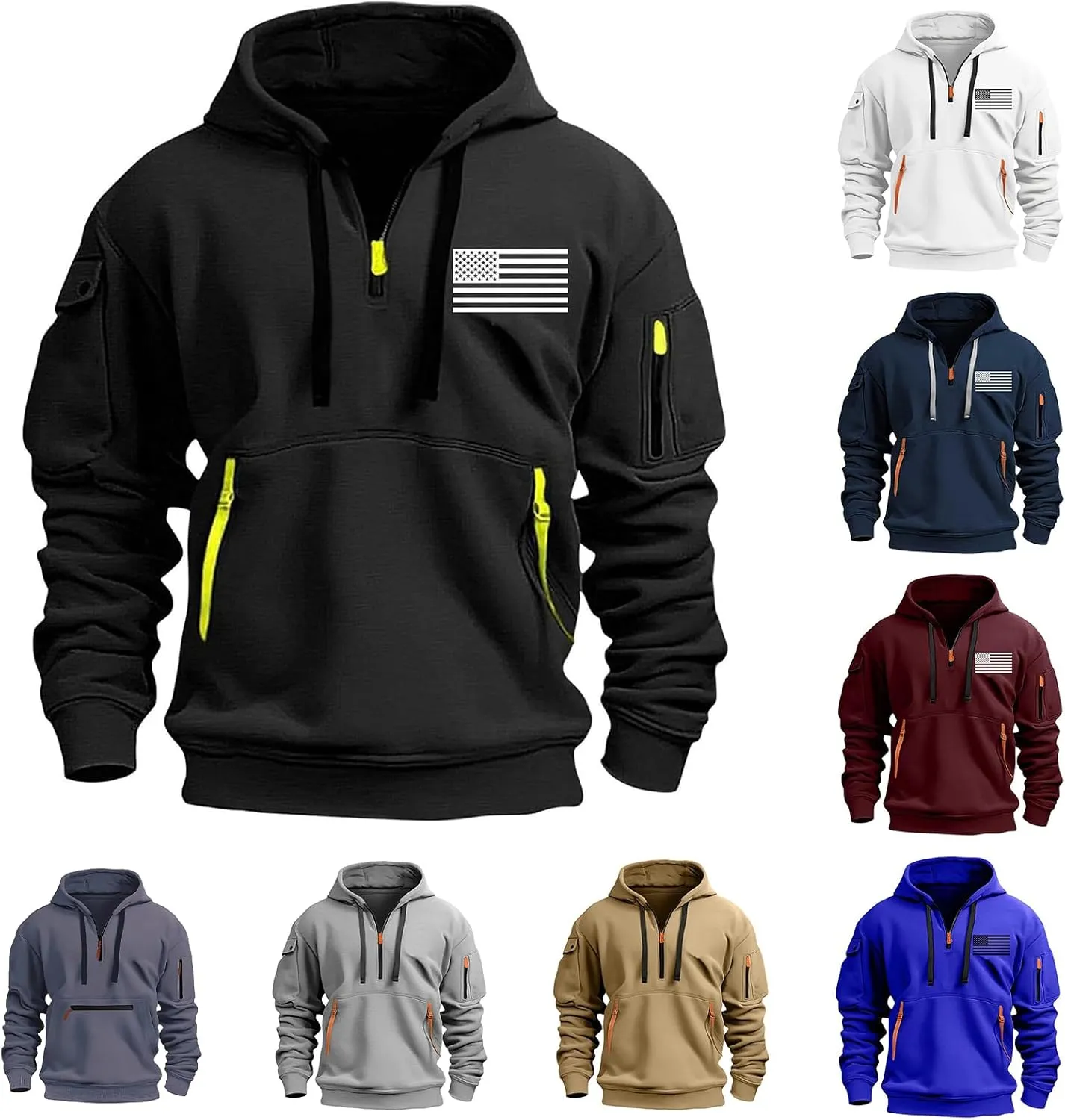Tactical Hoodies for Men Quarter Zip Pullover Sweatshirts USA Flag Graphic Pullover Long Sleeve Tactical Shirt Tops