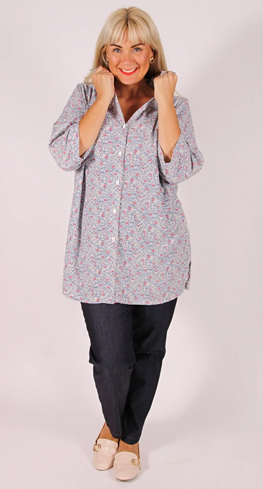 Terrific Triple Pleat Blouse Country Garden Blue
