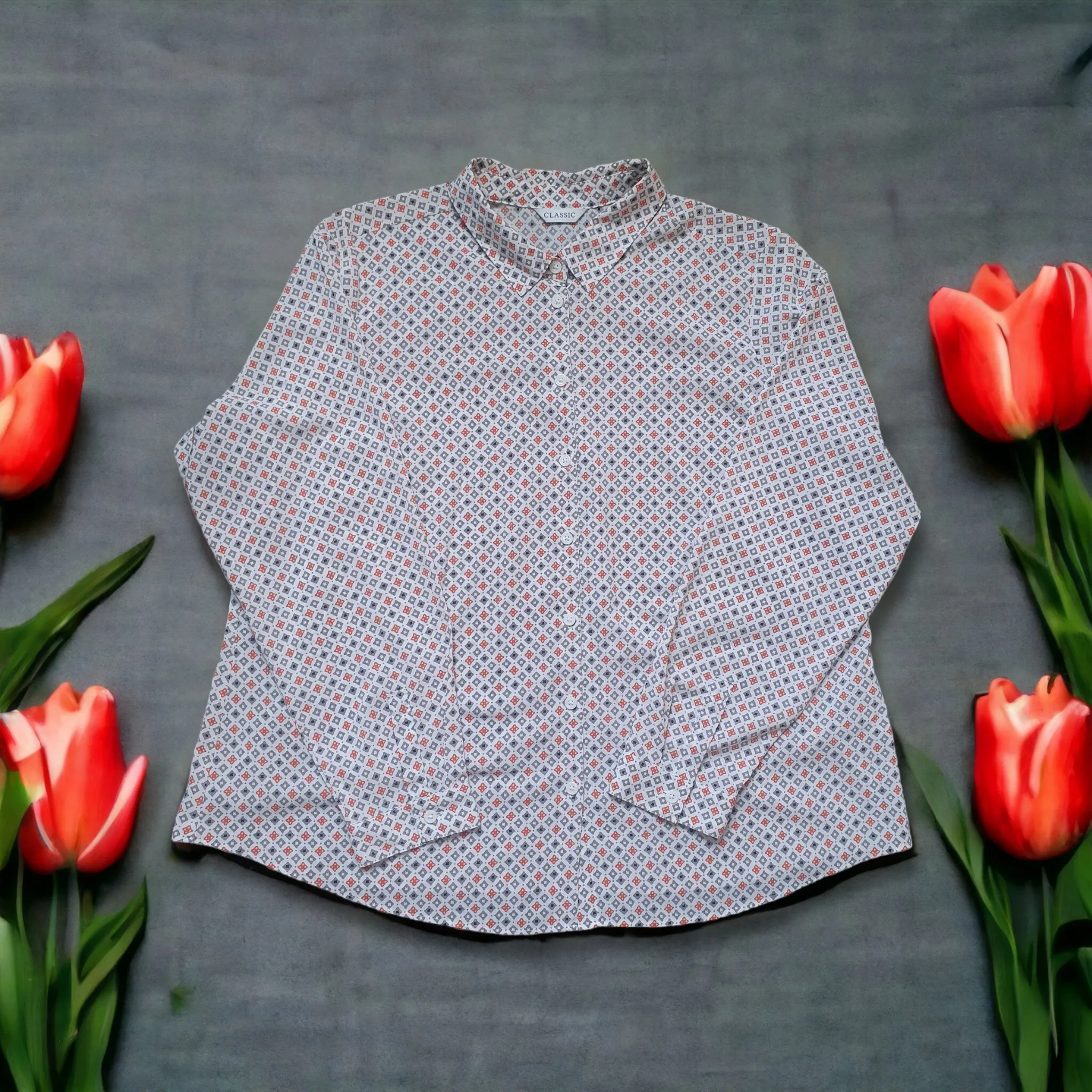 Vintage Blouse Orange Grey Print 60s 70s Style UK20 M&S 'Classic'