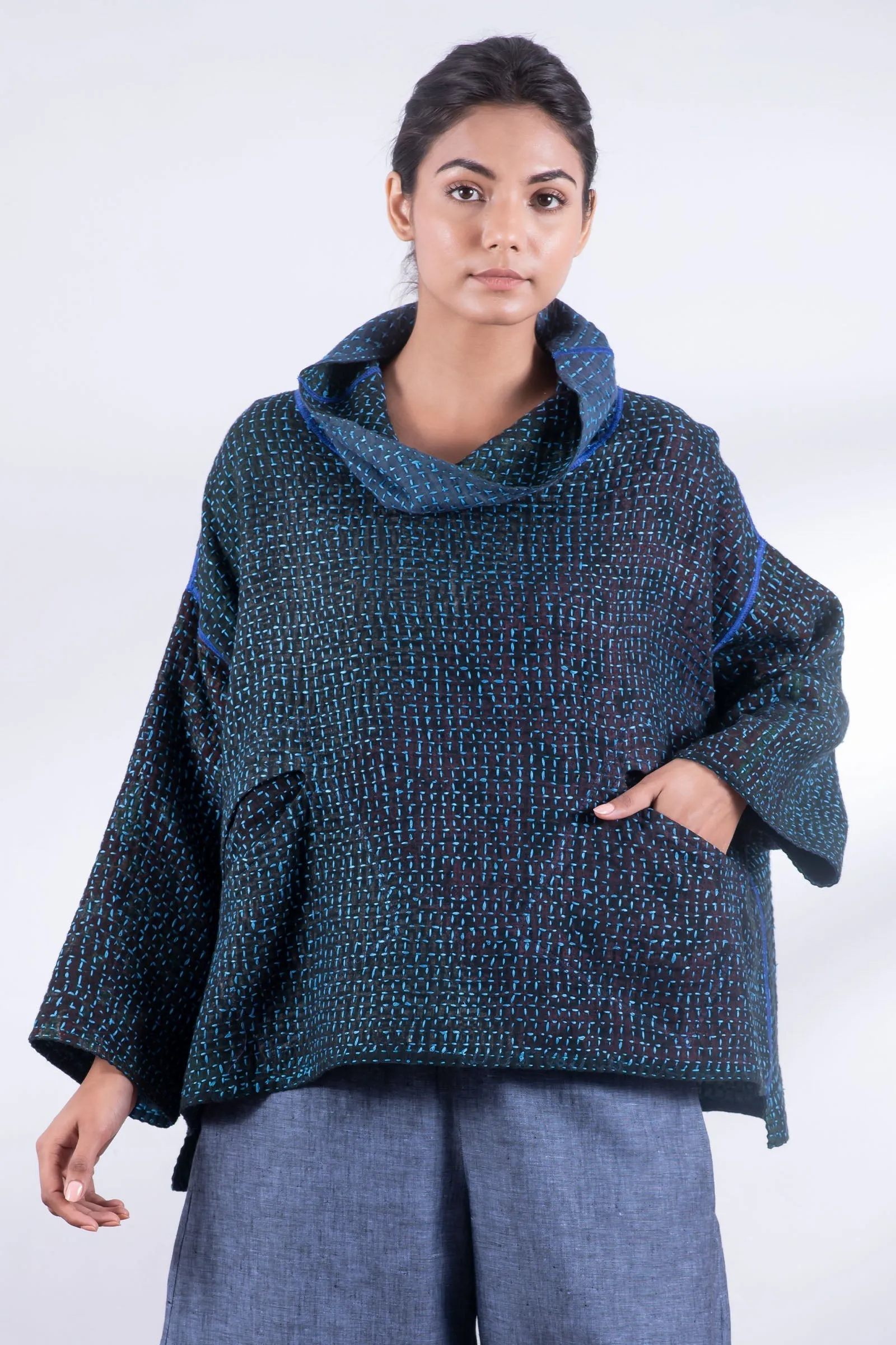 WAFFLE KANTHA COWL PULLOVER - wf3547-blu -