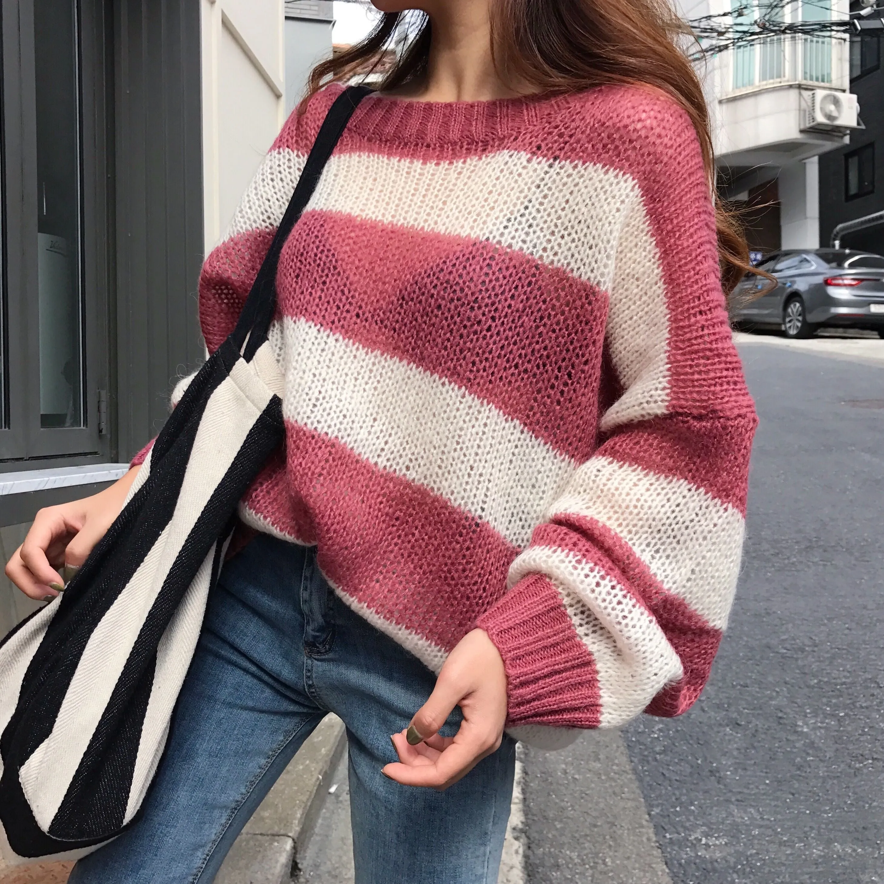 Winter Loose Contrast Stripes Thin Section Sweater