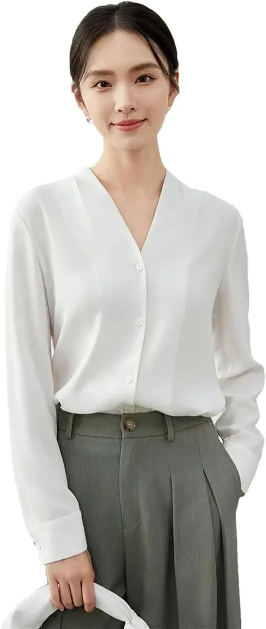 Women Classic Solid Shirts Casual Loose Fit V Neck Blouse Long Sleeve Lightweight Blouses Top