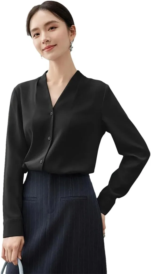 Women Classic Solid Shirts Casual Loose Fit V Neck Blouse Long Sleeve Lightweight Blouses Top