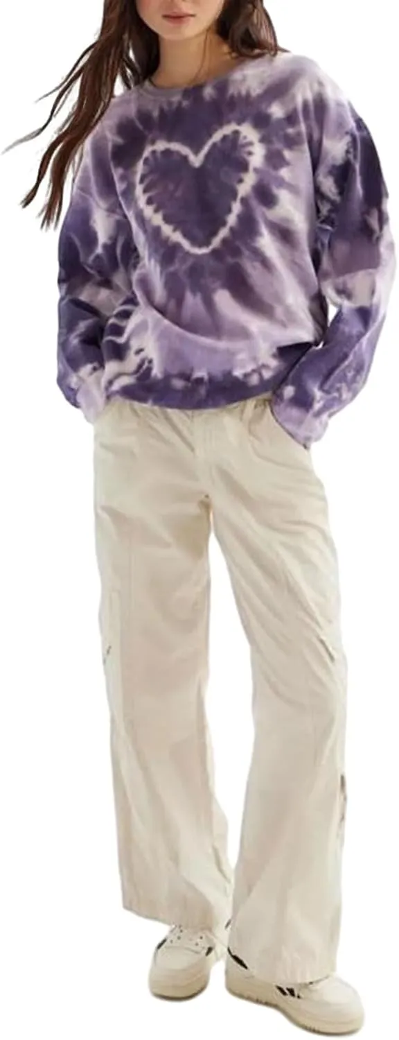 Women Long Sleeve Sweatshirts Oversized Crewneck Tie Dye Print Loose Fit Pullover Hoodies Fall Tops Fashion Outfits (Light Purple, M)