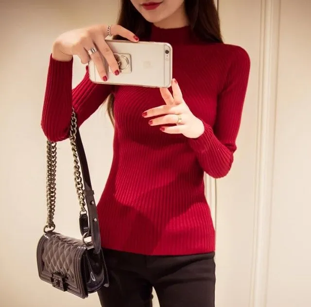 Women Winter High Elastic Slim Sweater