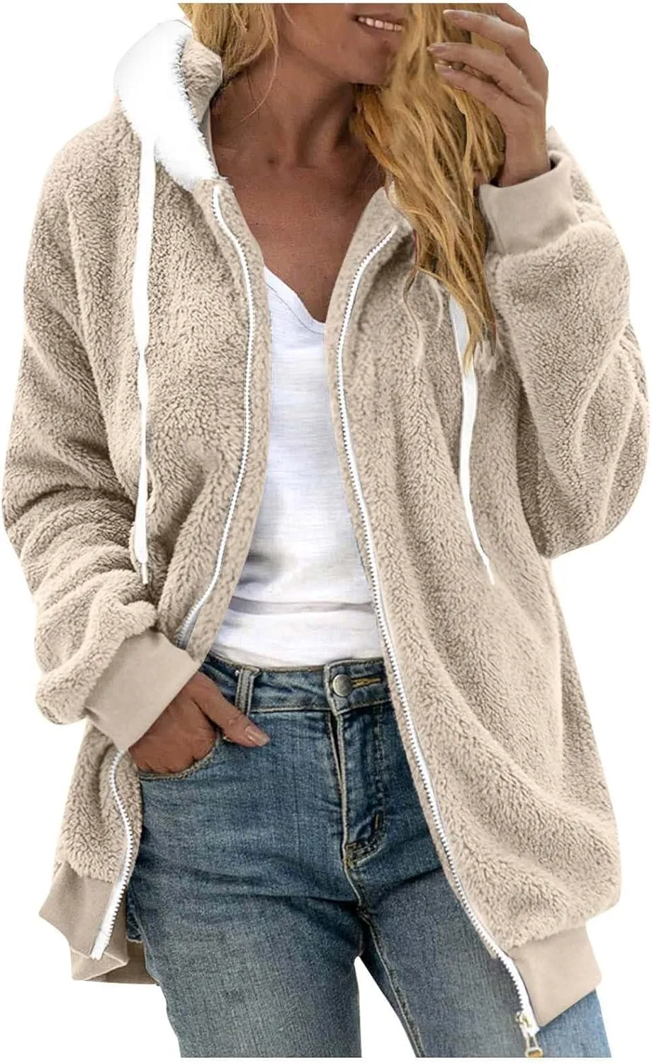 Womens 2023 Winter Fashion Plus Size Sharpa Jacket Fleece Warm Hoodie Outwear Plush Sweatshirt Thick Fuzzy Tops