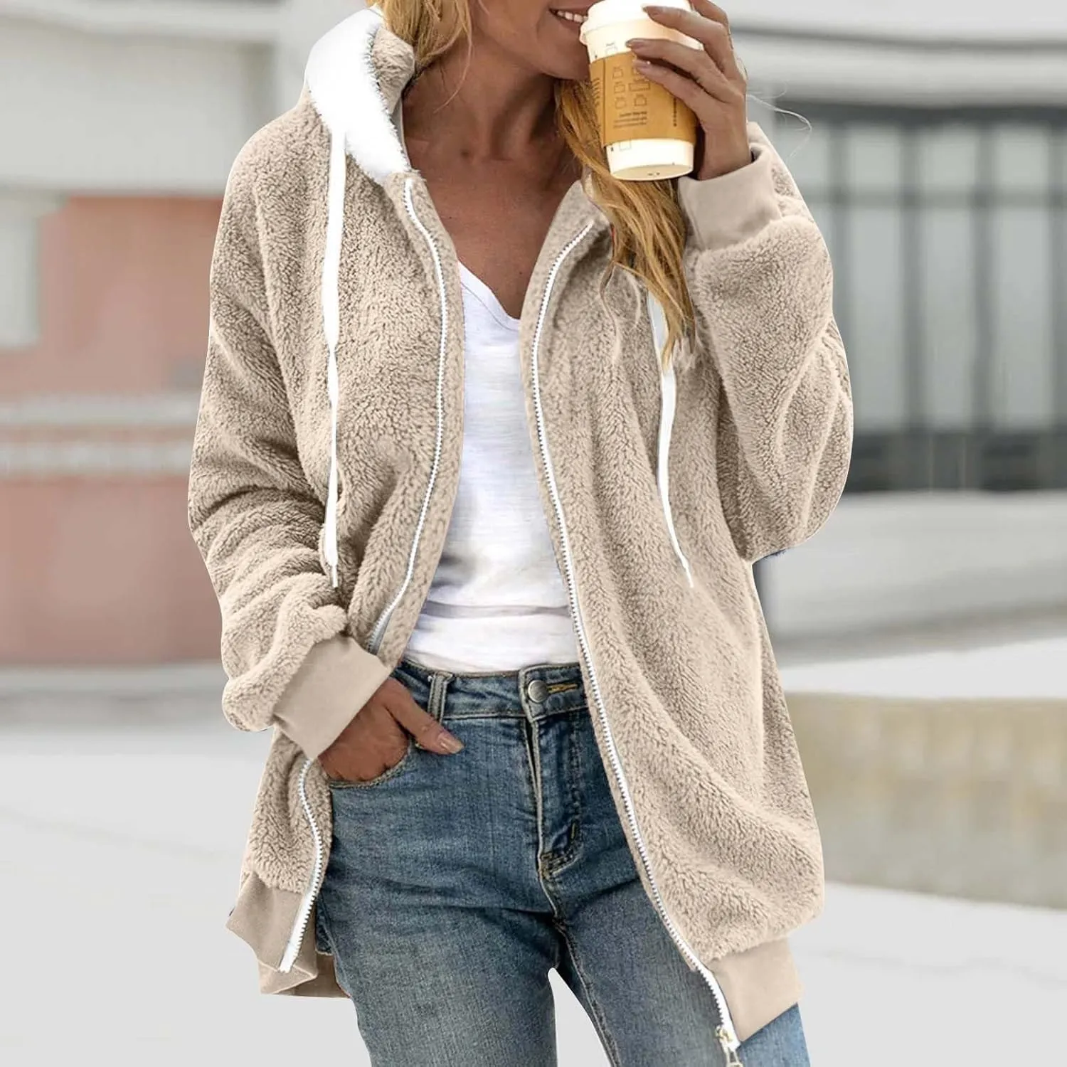 Womens 2023 Winter Fashion Plus Size Sharpa Jacket Fleece Warm Hoodie Outwear Plush Sweatshirt Thick Fuzzy Tops