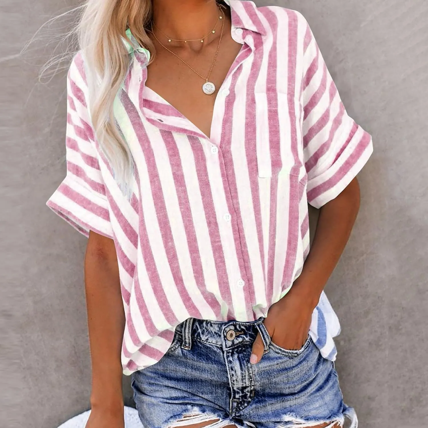Womens Blouses Classic Stripe Button Down Shirts Summer Loose Casual Short Sleeve Turndown Collar Shirt Ladies Tops