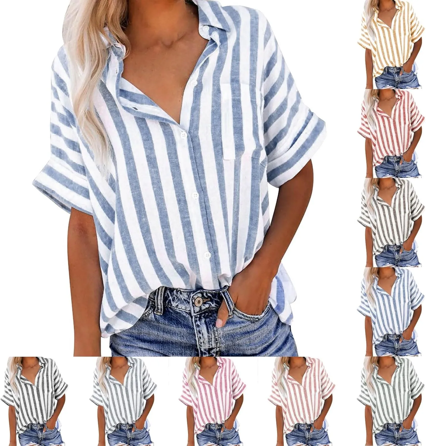 Womens Blouses Classic Stripe Button Down Shirts Summer Loose Casual Short Sleeve Turndown Collar Shirt Ladies Tops