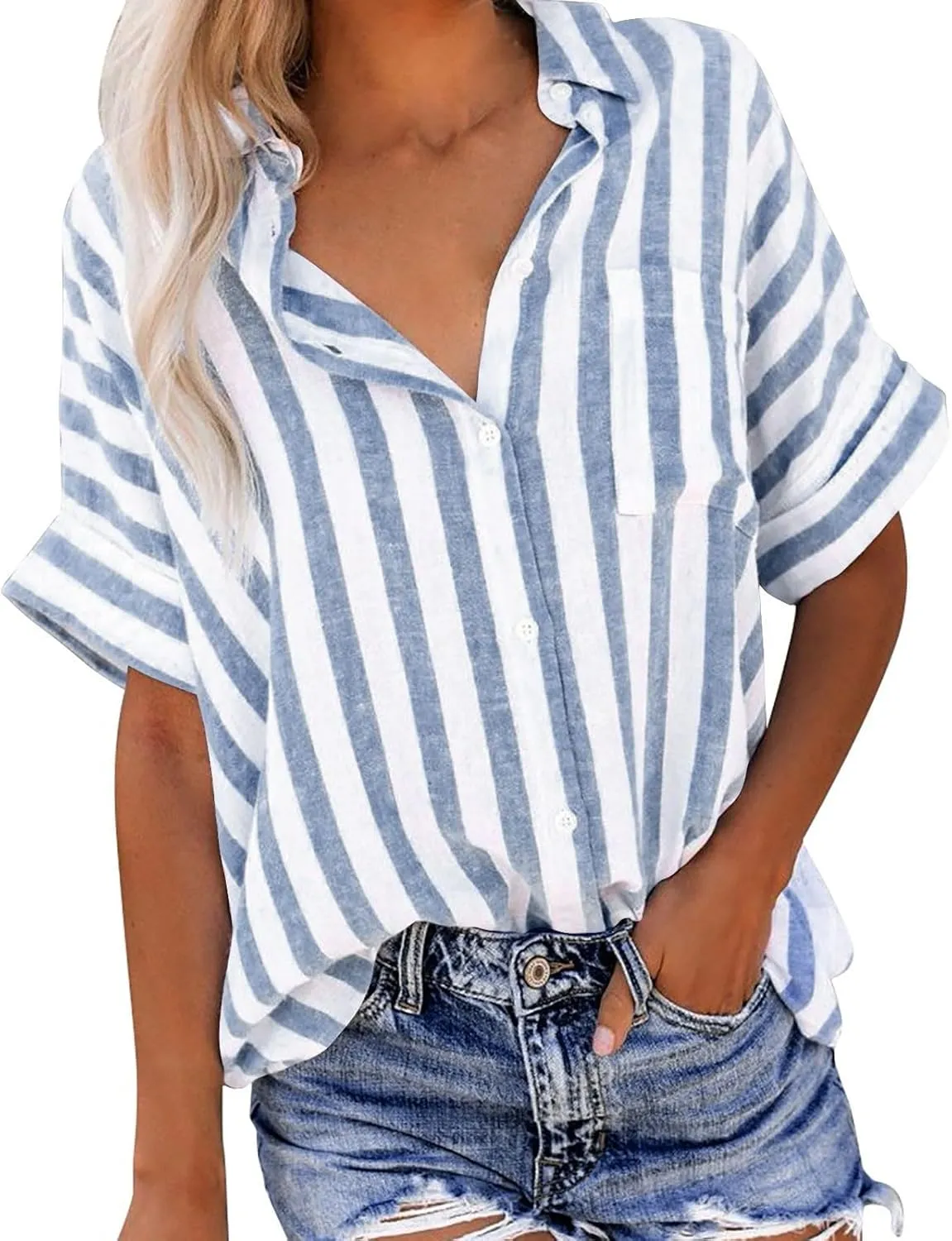 Womens Blouses Classic Stripe Button Down Shirts Summer Loose Casual Short Sleeve Turndown Collar Shirt Ladies Tops