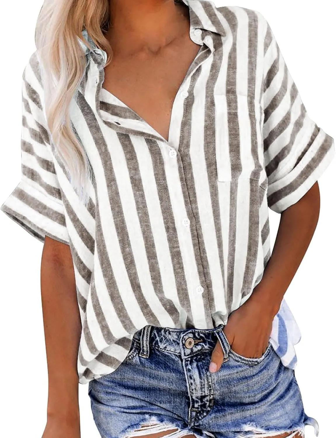 Womens Blouses Classic Stripe Button Down Shirts Summer Loose Casual Short Sleeve Turndown Collar Shirt Ladies Tops
