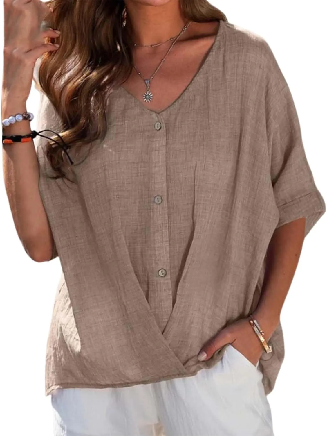 Womens Button Down Cotton Linen Shirts Summer Casual V Neck Short Sleeve Loose Tee Shirt Vintage Solid Blouse Work Tops
